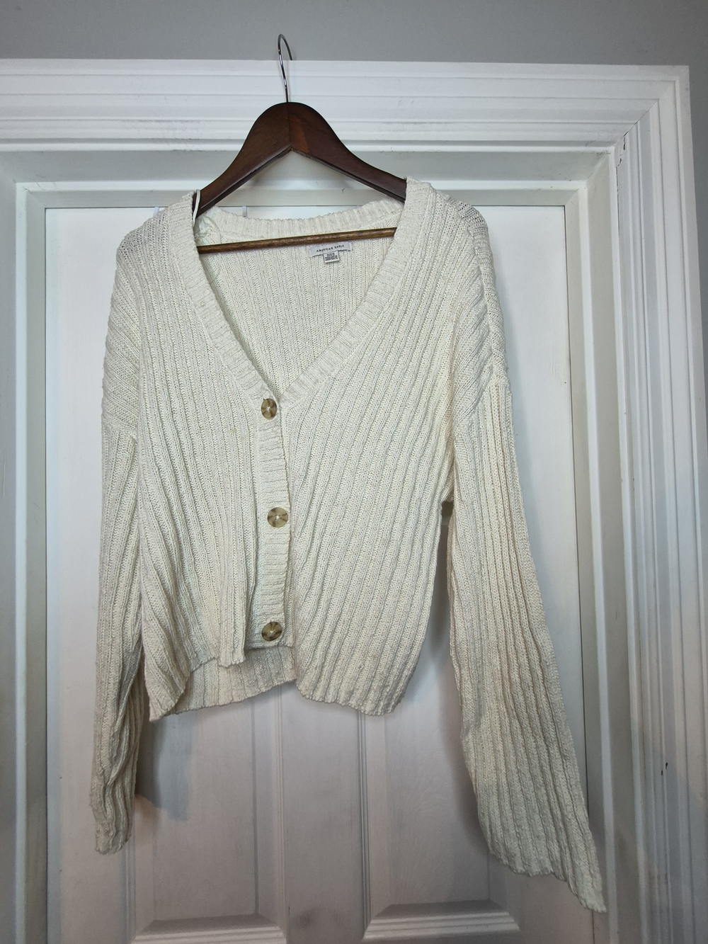 American Eagle Outfitters Cream Ribbed V-Neck Button-Up Cardigan